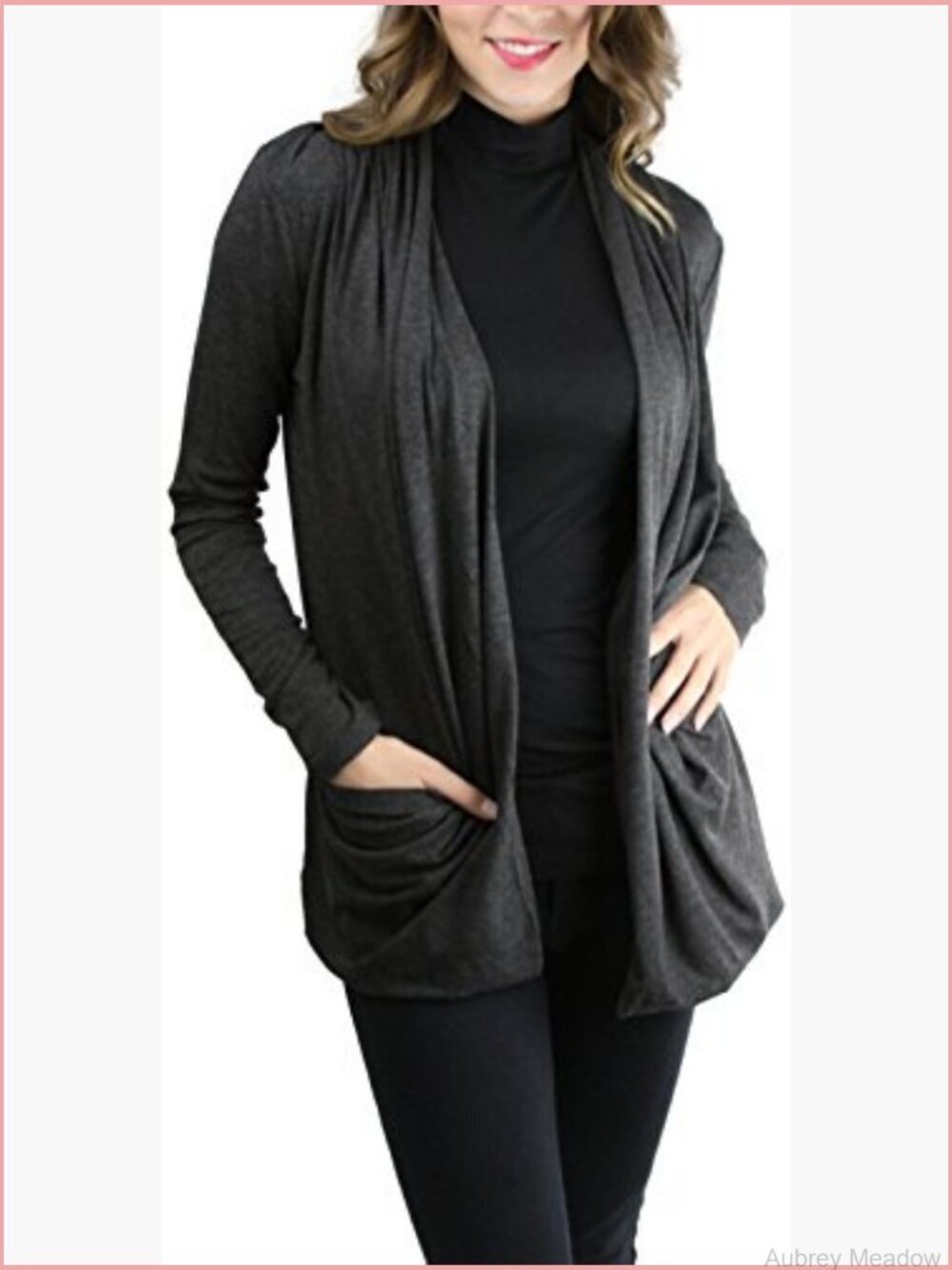 Long Sleeve Rib Banded Open Front Cardigan with Pockets - Picture 3 of 4